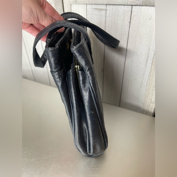 Vintage 1970s Navy Faux Leather Shoulder Hand Bag Fabric Print Interior - Picture 5 of 10